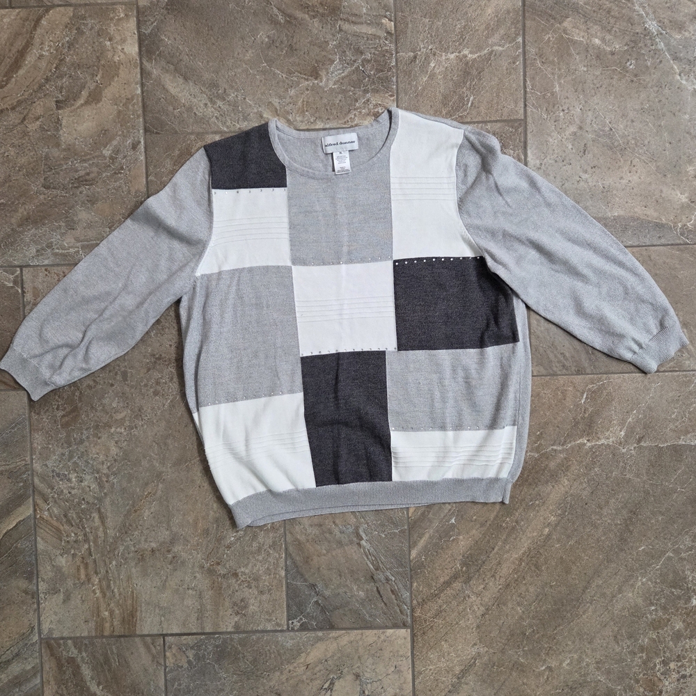 Alfred Dunner Gray and White Patchwork Long Sleeve‎  Sweater Top Comfy Women XL